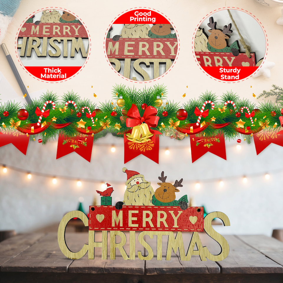 image 1 of Rustic Wooden Christmas Table Sign, Tabletop Merry Xmas Table Ornament