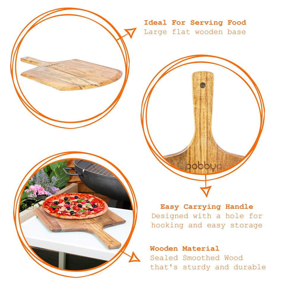 image 1 of BobbyQ 30cm Wooden Pizza Peel - Large Food Board Serving Transfer Platter with Paddle Handle