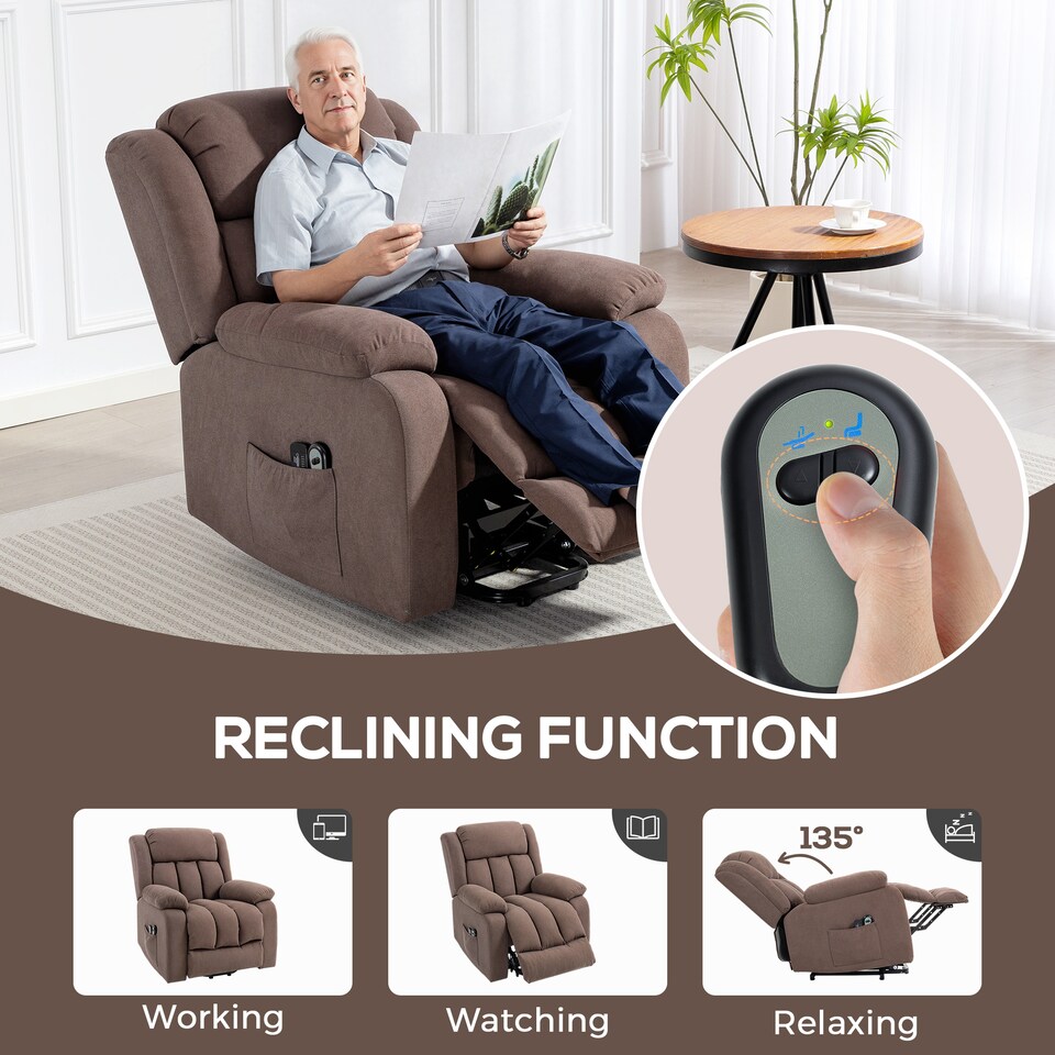 image 1 of HOMCOM Power Lift Recliner Chair with Massage, Linen Overstuffed Lift Chair for Elderly, Electric Recliner Armchair with Footrest, Remote Control and Side Pocket, for Living Room, Dark Brown | Brown | Dark brown
