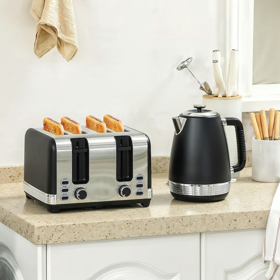 image 1 of HOMCOM 1.7L 3000W Quick Boil Kettle and 4 Slice Toaster Set Crumb Tray Black