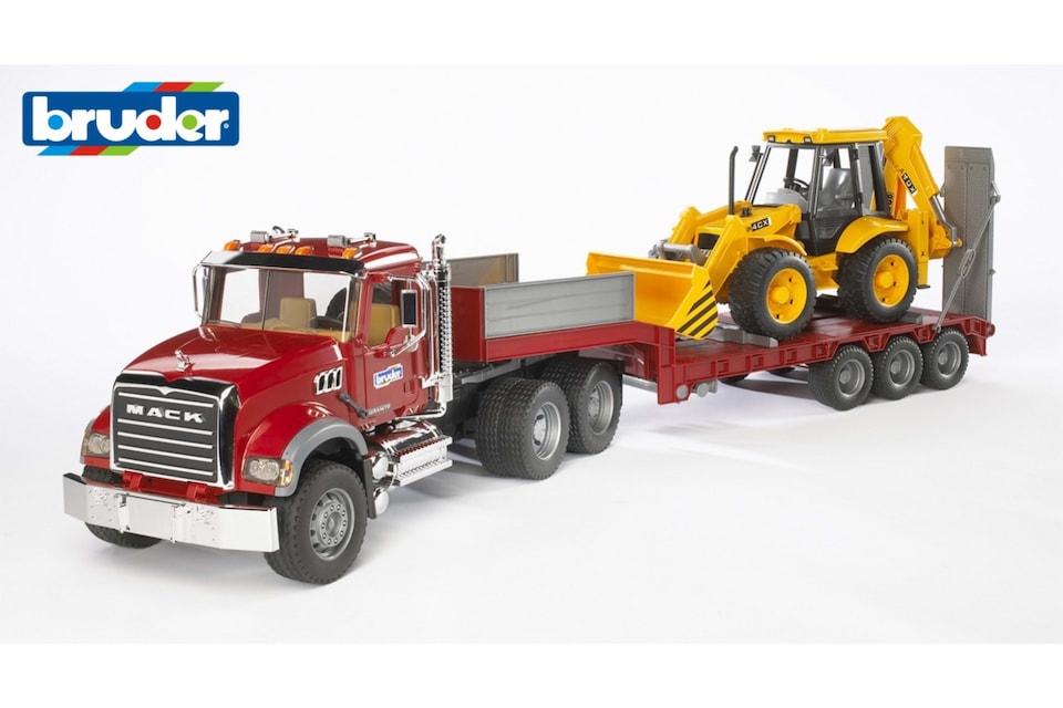 image 1 of Bruder MACK Granite Low loader truck with JCB 4CX Backhoe loader Backhoe Loader Model