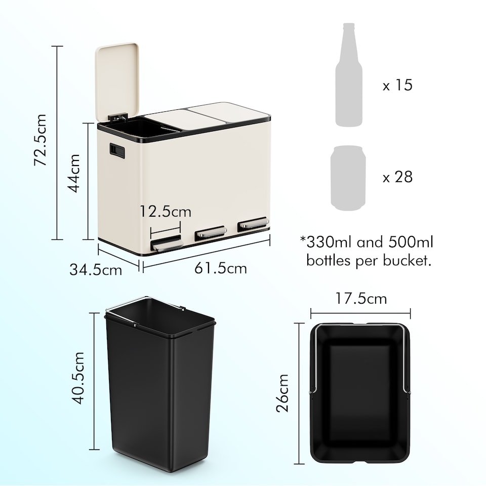 image 1 of 3 Compartment 45L Waste & Recycling Kitchen Bin (3 x 15L) | Cream | Cream | 45L