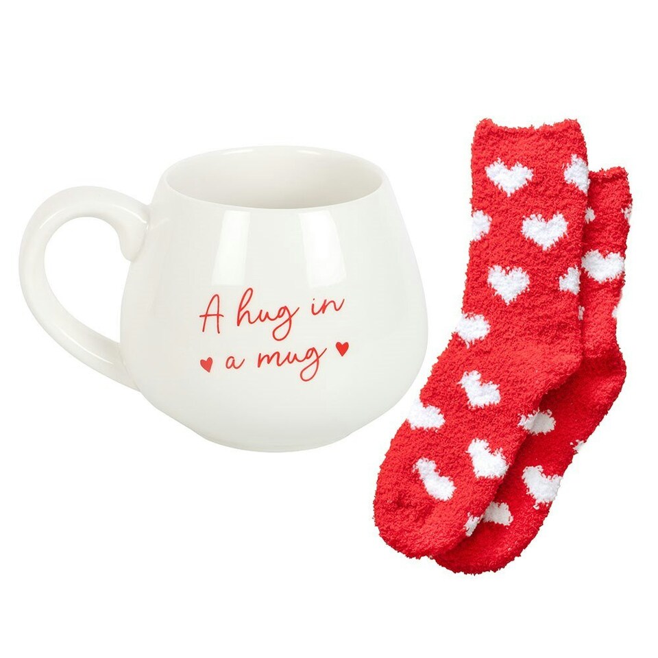 image 1 of Something Different A Hug In A Mug Heart Mug and Sock Set - White/Red - One Size