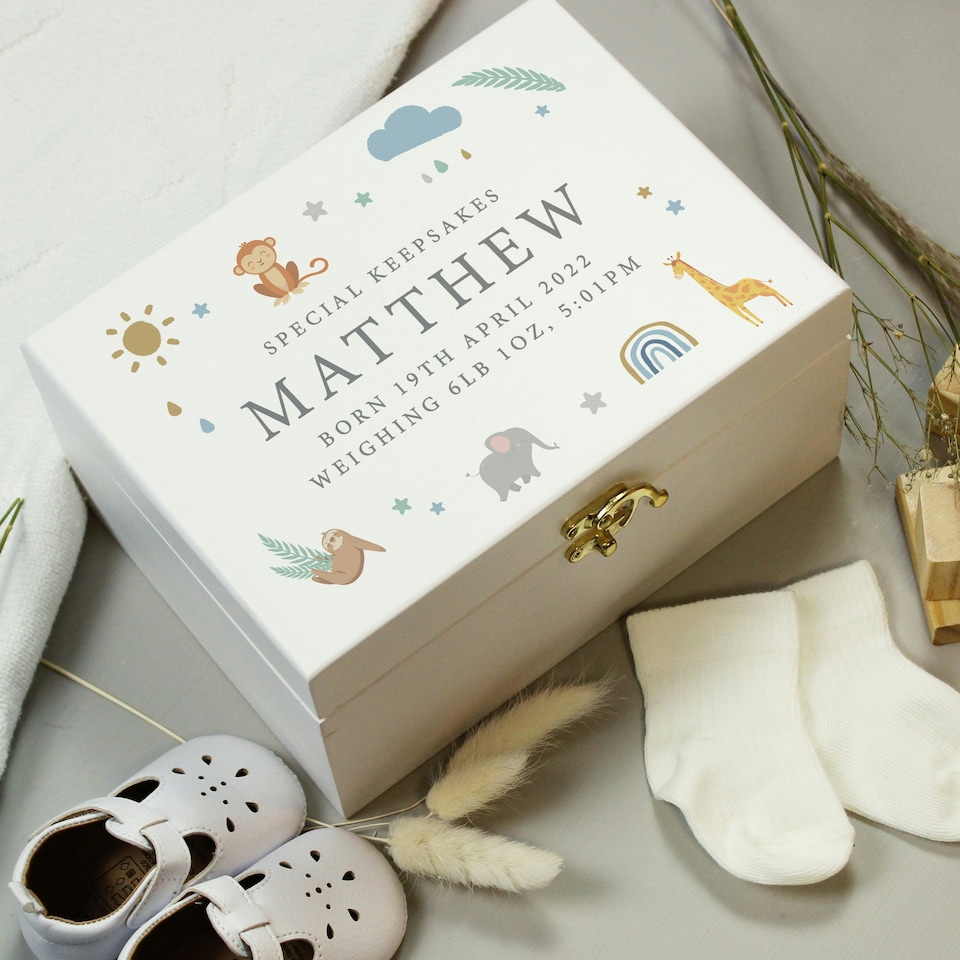 image 1 of Personalised Safari Animals Small Wooden Keepsake Box White