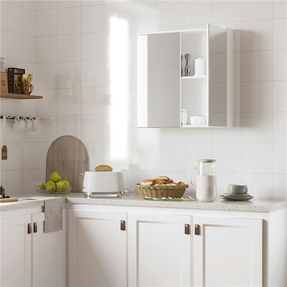 image 1 of Yaheetech 2-Tier Wall-Mounted Storage Cabinet with Double Mirrored Doors White | White