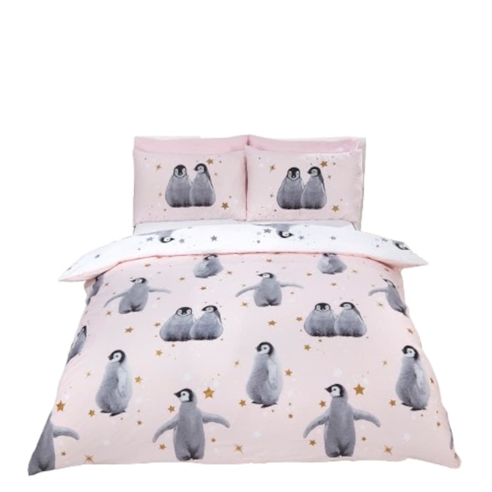 image 1 of Starry Penguins Polycotton Duvet Cover Set With Pillowcase Pink | Single