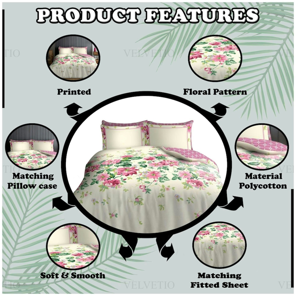 image 1 of VELVETIO Fossy Complete Duvet Cover Set with Fitted Sheet Soft Printed Bedding Bedset Cream | King