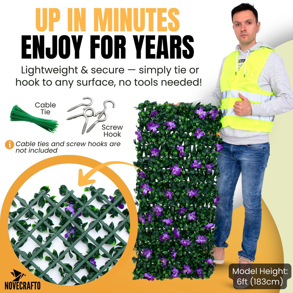 image 1 of Expanding Trellis With Artificial Leaves and Flowers - Ficus Leaf Garden Hedge Balcony Privacy Screening Panel | Green | Green & Purple | M | 1