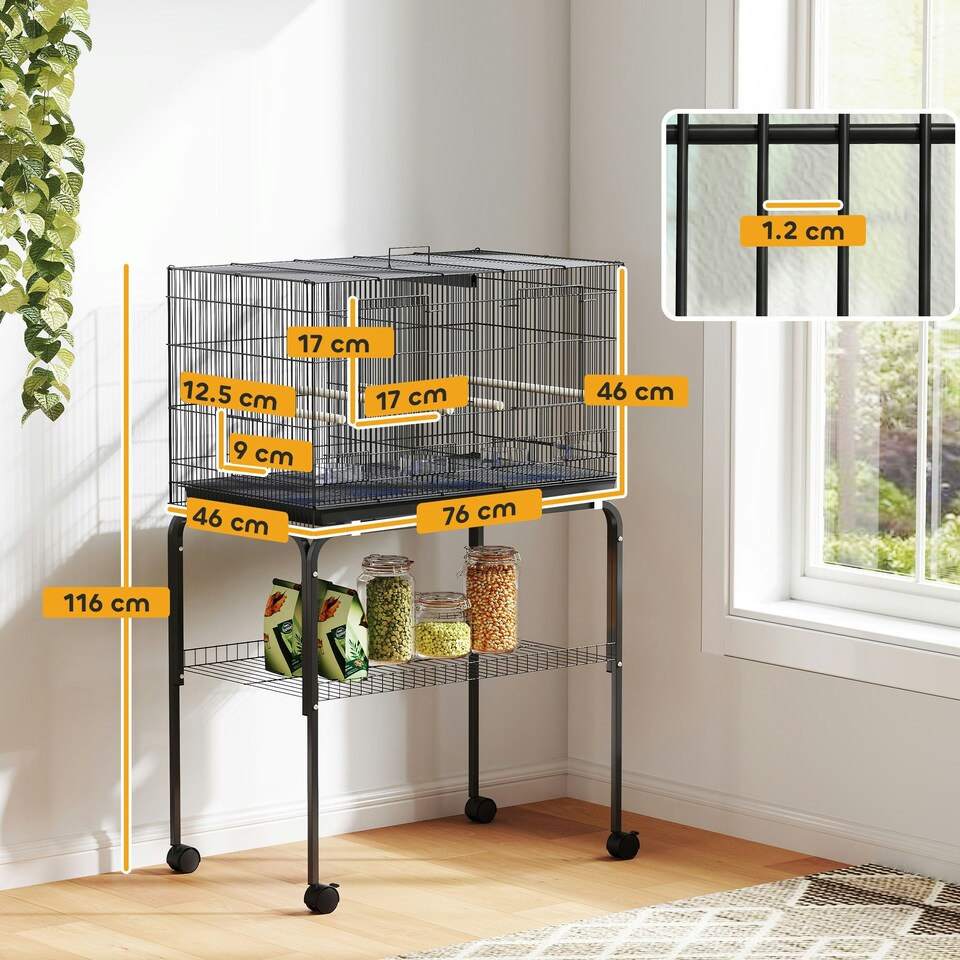 image 1 of PawHut Bird Cage with Divider, 4 Wooden Perches, Slide Out Tray, Black