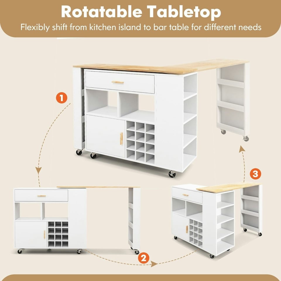 image 1 of COSTWAY 2-in-1 Kitchen Island Bar Table Storage Trolley White