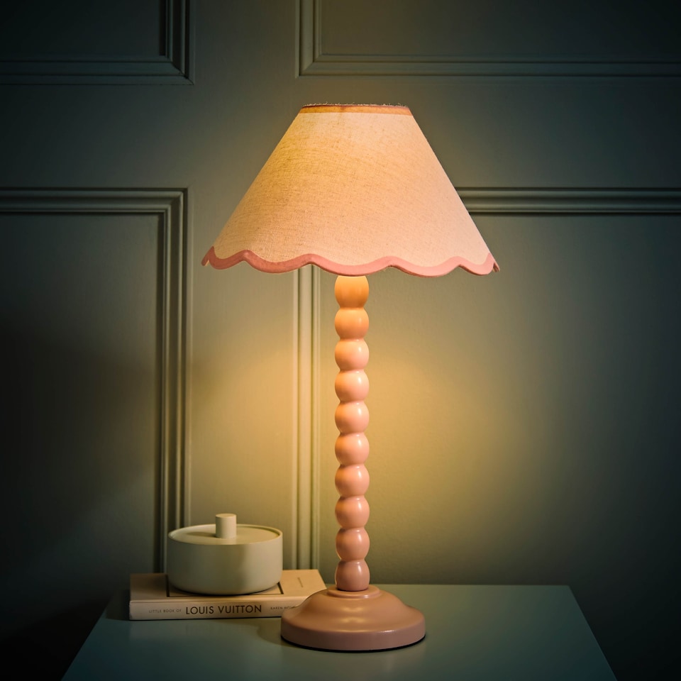 image 1 of ValueLights Bobbles Rose Pink Table Lamp Pink Trim Scallop Shade & Bulb | Pink
