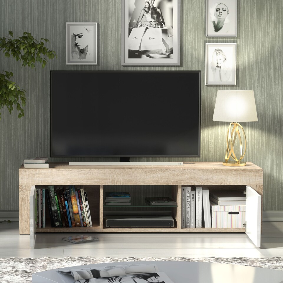 image 1 of TV Unit TV Stand Cabinet Sideboard Oak White High Gloss Storage 130cm