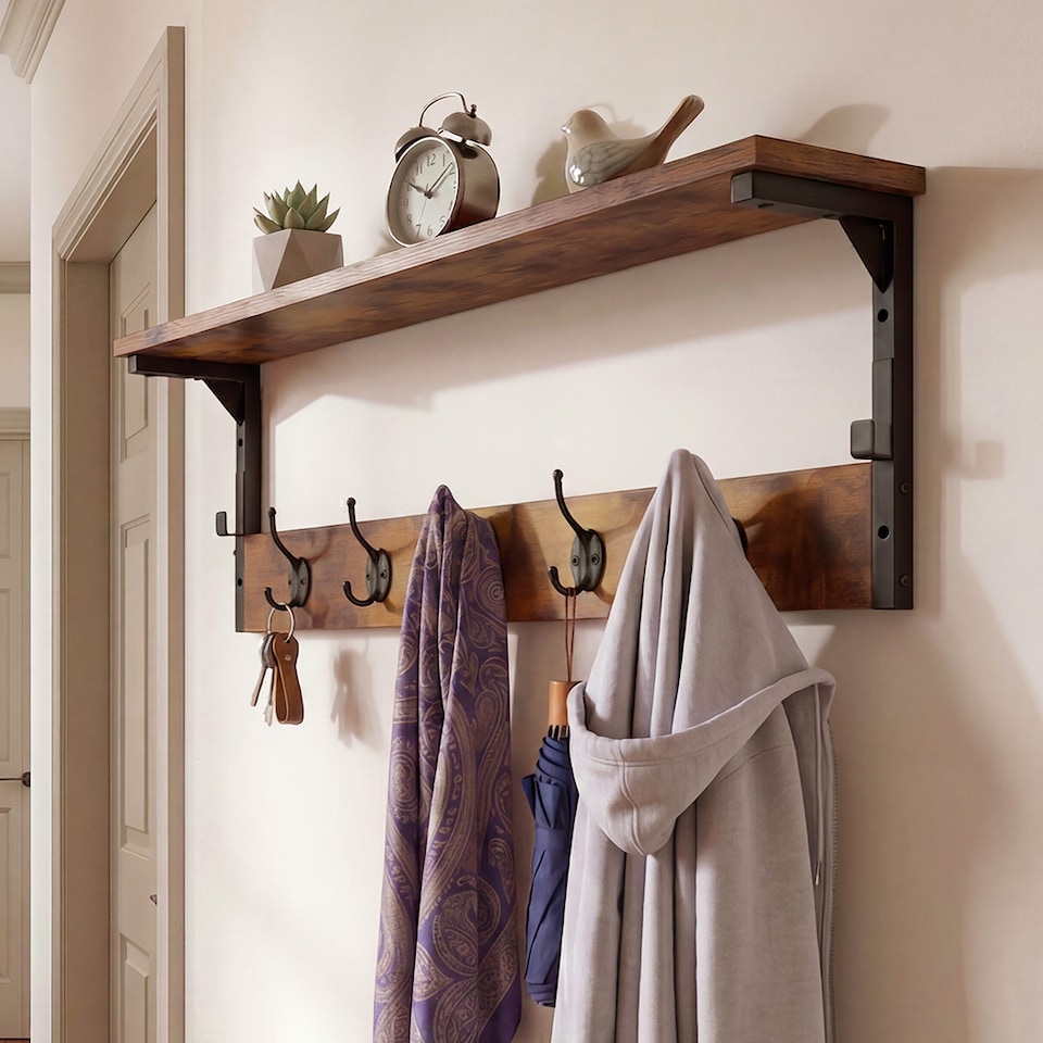 image 1 of Levede Coat Rack Wall Mounted Shelf 7 Hooks Heavy Duty Entryway Storage Brown