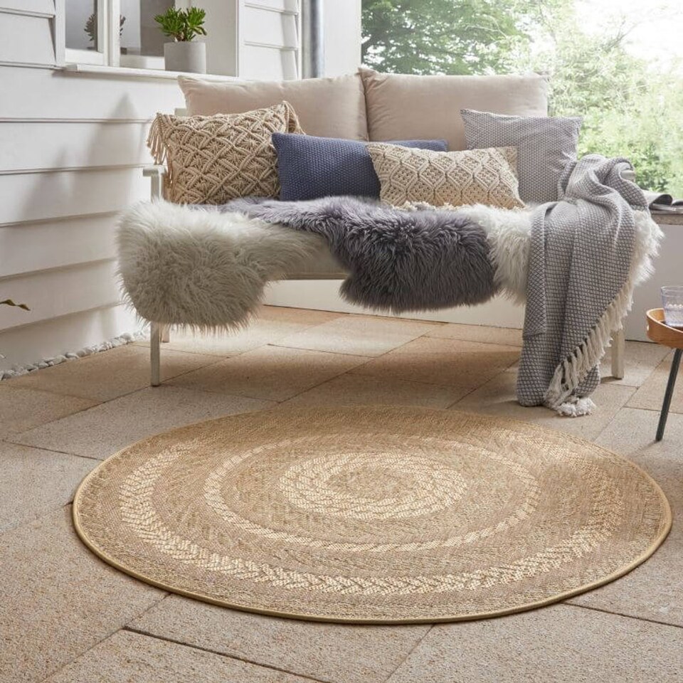 image 1 of The Rugs Indoor Outdoor Almendro Round Rug Chevron Design High Low Texture