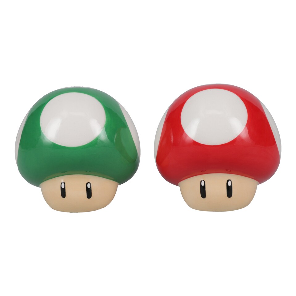 image 1 of Super Mario Mushroom Salt and Pepper Set,Red and Green Ceramic Shakers for Kitchen Decor,Official Nintendo Gift,Paladone