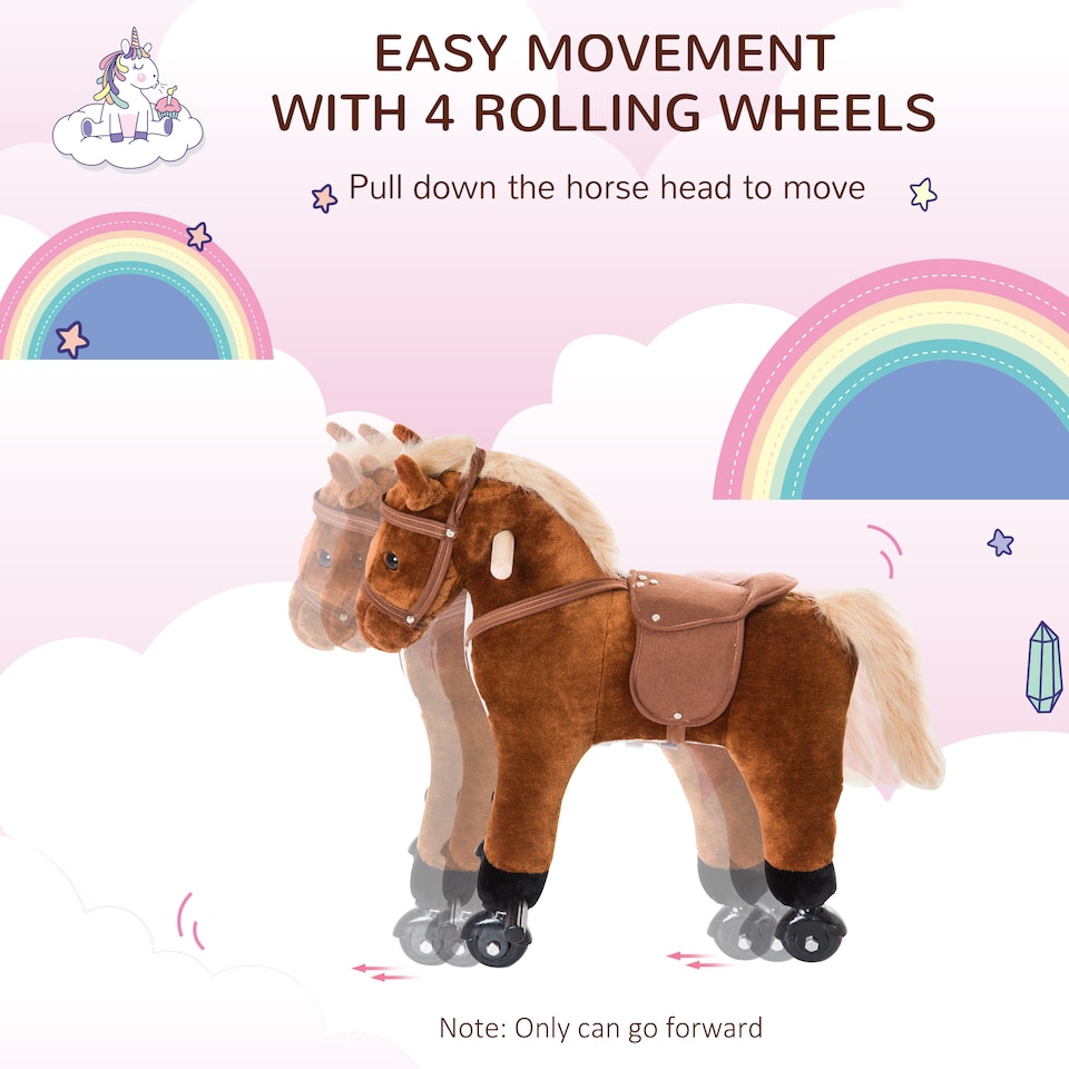 image 1 of HOMCOM Rocking Horse Kids Ride on Walking Horse Animal Pony Wheeled Riding Plush Toy withSound for 2 Years and Up (Brown)