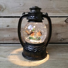 27cm Snowtime Christmas Water Spinner Antique Effect Lantern 2 Robins Scene Dual Powered