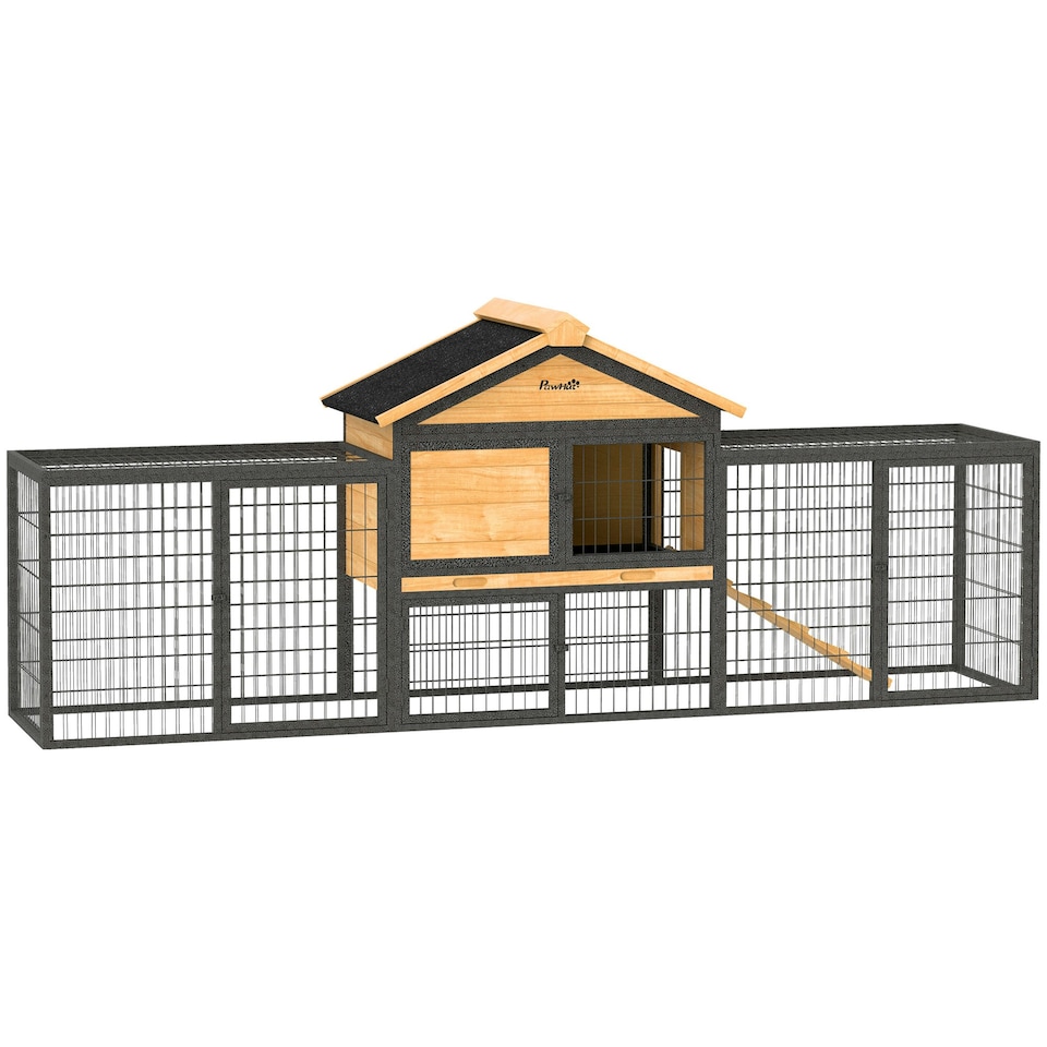 image 1 of PawHut Rabbit Hutch, Guinea Pig Hutch Outdoor with Steel Run, Tray, Ramp