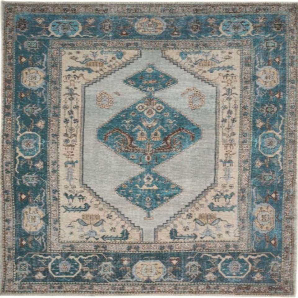 image 1 of KUKOON Teal Blue Distressed Bordered Medallion Non Slip Washable Low Pile Rug 120cm x 170cm | Blue