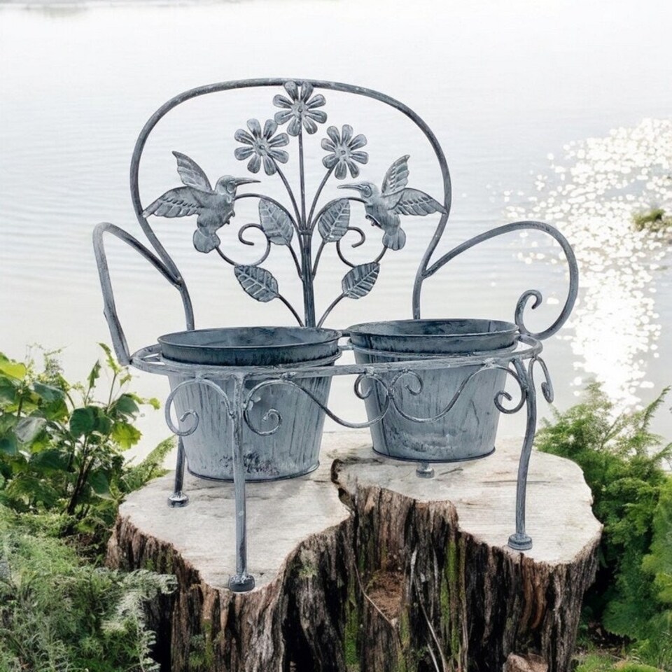 image 1 of Double Garden Planter - Metal - L29 x W46 x H44 cm - Stone Grey