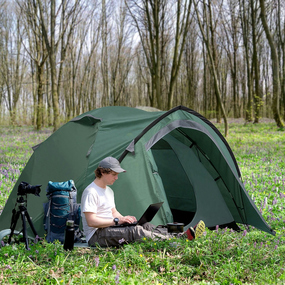 image 1 of Outsunny Compact Camping Tent w/ Vestibule & Mesh Vents for Hiking Green