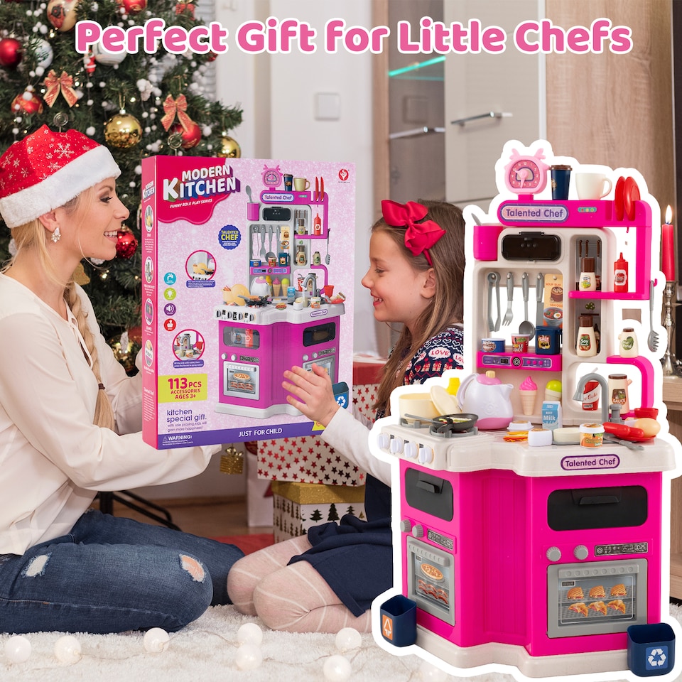image 1 of COSTWAY Kids Kitchen Playset Corner Play Kitchen with Realistic Sounds-Pink