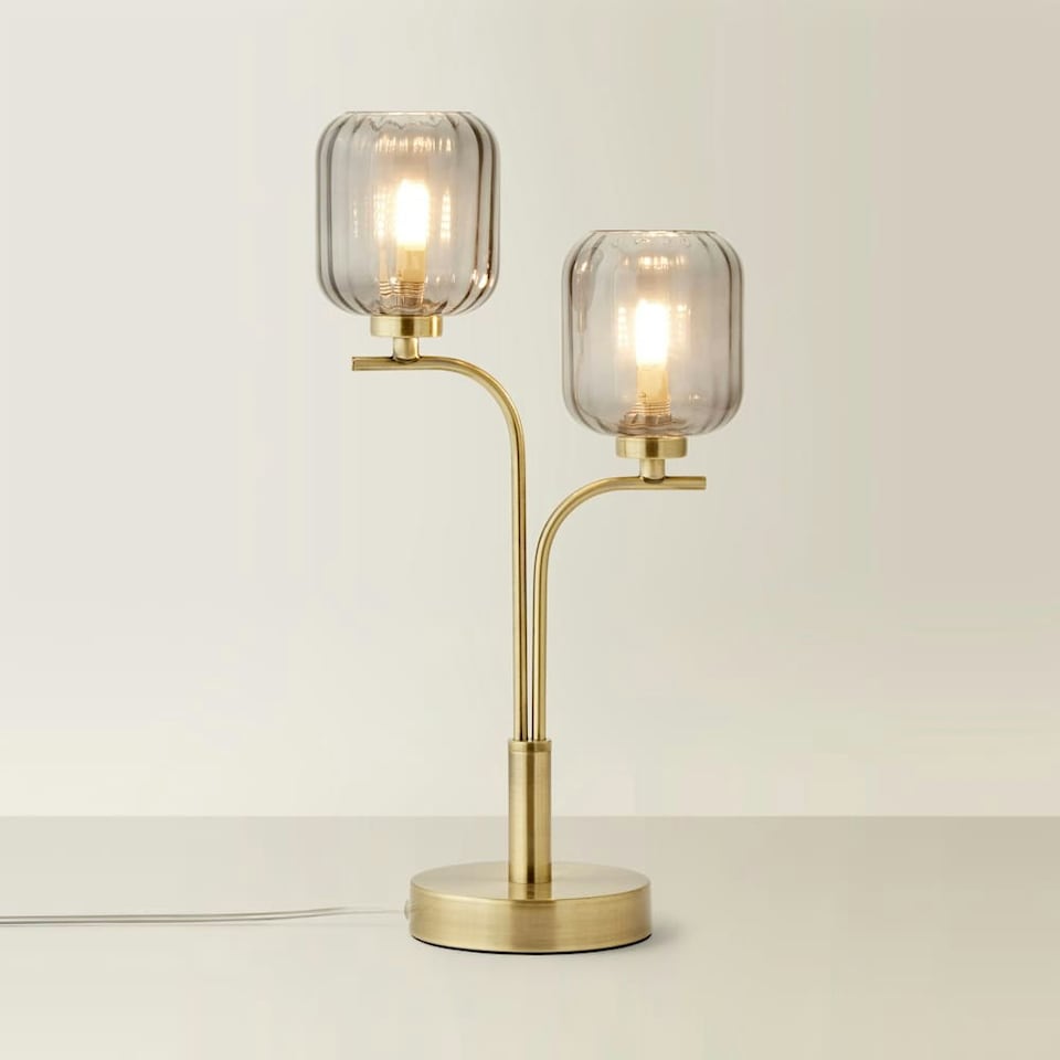 image 1 of ValueLights Amelie Gold Stem 2 Way Ribbed Glass Lamp Table Light with LED Bulbs