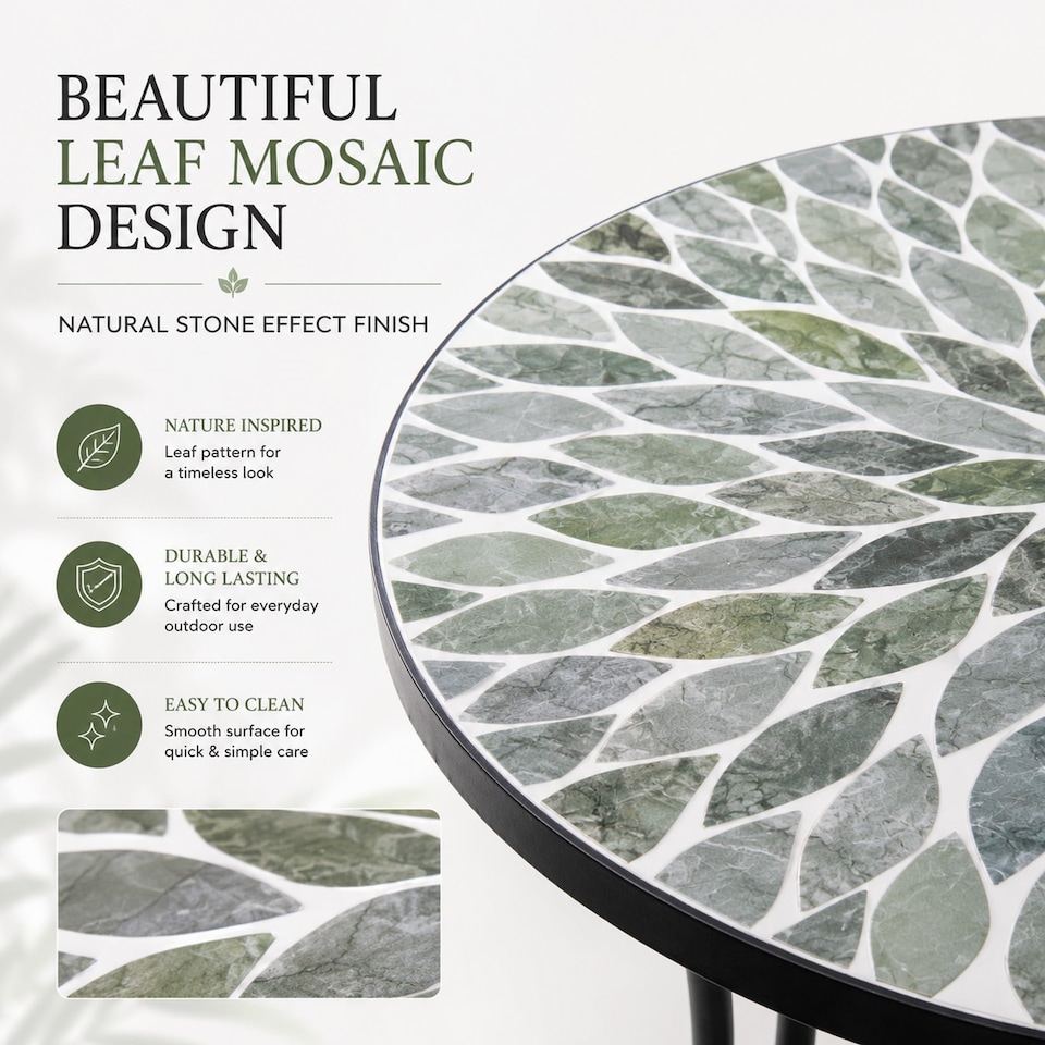 image 1 of Leaf Mosaic Bistro Set with Folding Chairs, Ceramic Top Outdoor Table and Two Seat Garden Furniture for Patio and Balcony