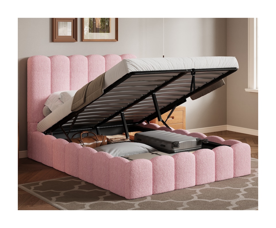 image 1 of Ezysleep Kingsley Boucle Soft Teddy Upholstered Gas Lift Ottoman Bed Frame | Pink | Pink