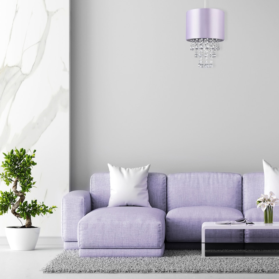 image 1 of Modern Lilac Satin Fabric Pendant Light Shade with Transparent Acrylic Droplets | Purple