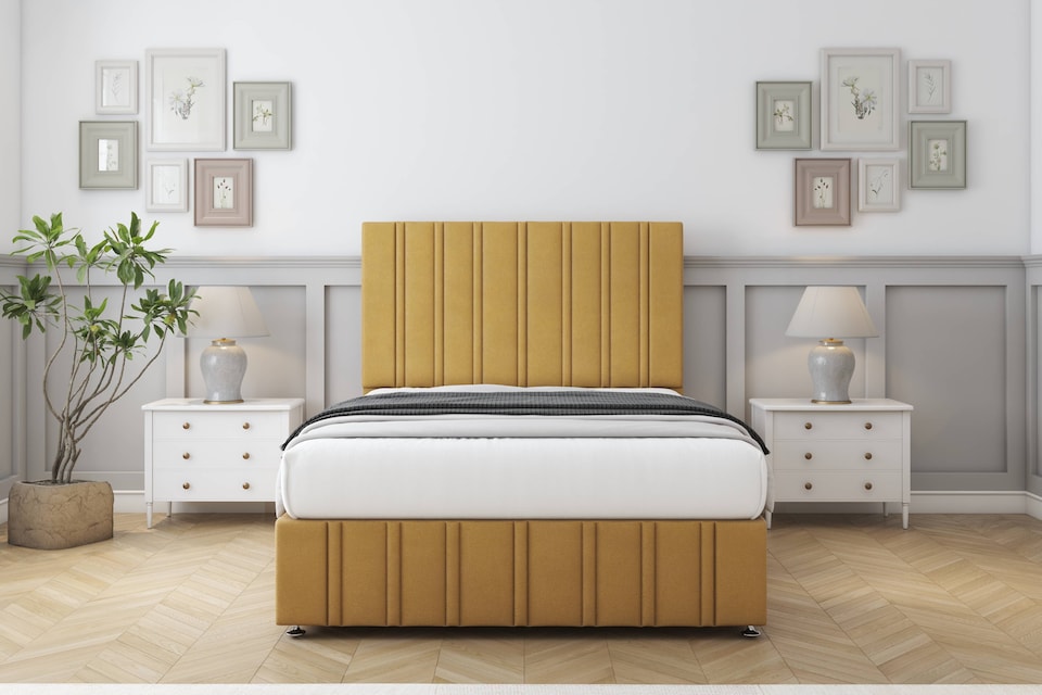 image 1 of Sloomy Langston Mustard Plush Divan Bed Base 4 Drawers With 26 Inch Strutted Headboard & 12 Inch Matching Footboard | Gold | Mustard | Double | 1