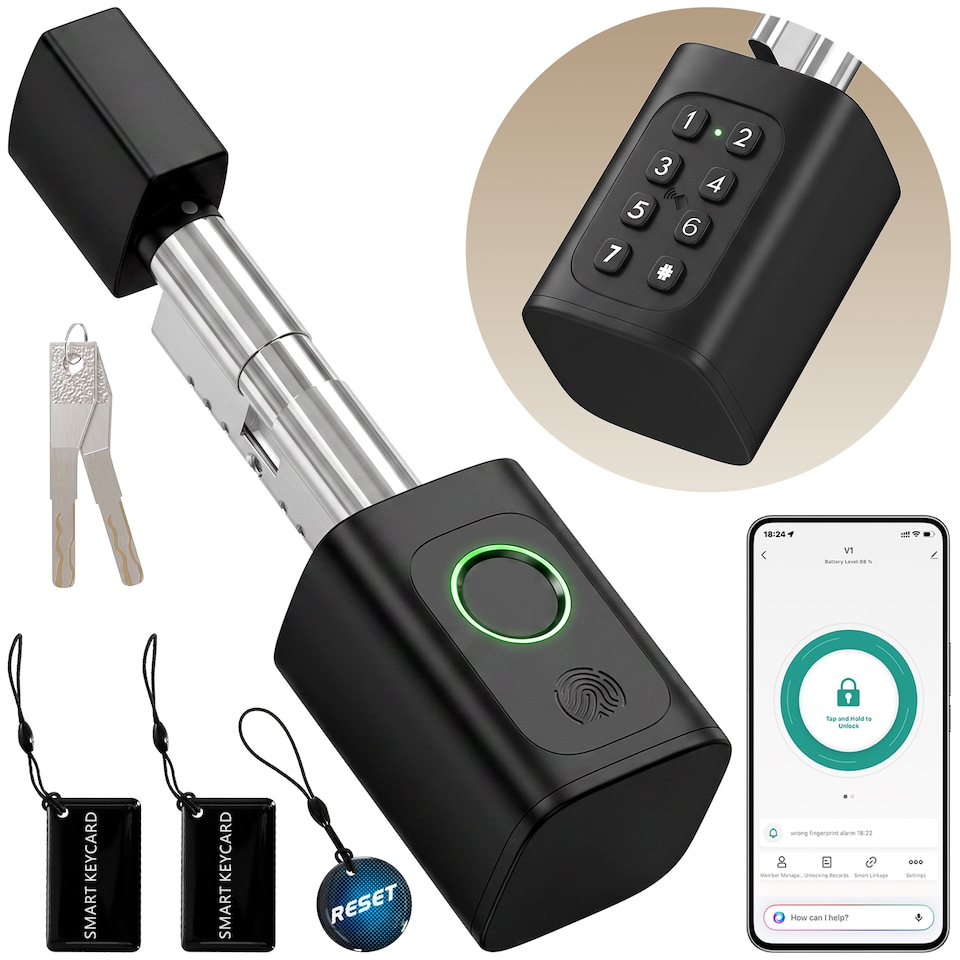 image 1 of HOMCOM Smart Door Cylinder, 5-in-1 (Fingerprint/Passcode/APP/NFC/Key)