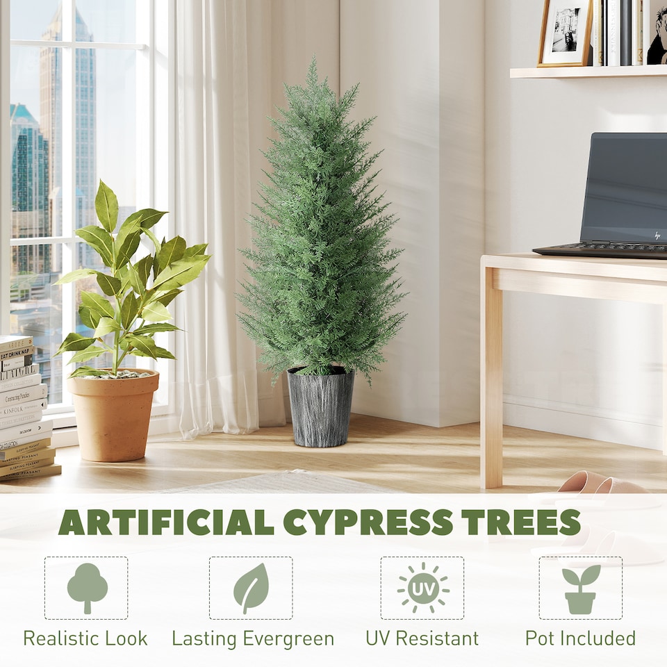 image 1 of HOMCOM 90cm Artificial Cypress Trees Set of 2, UV Resistant Artificial Plants with Decorative Pot, Fake Plants for Indoor Outdoor Decor, Green | Green