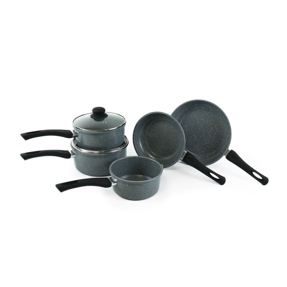 image 1 of Set of 5 Marble Grey Saucepan & Fryingpan