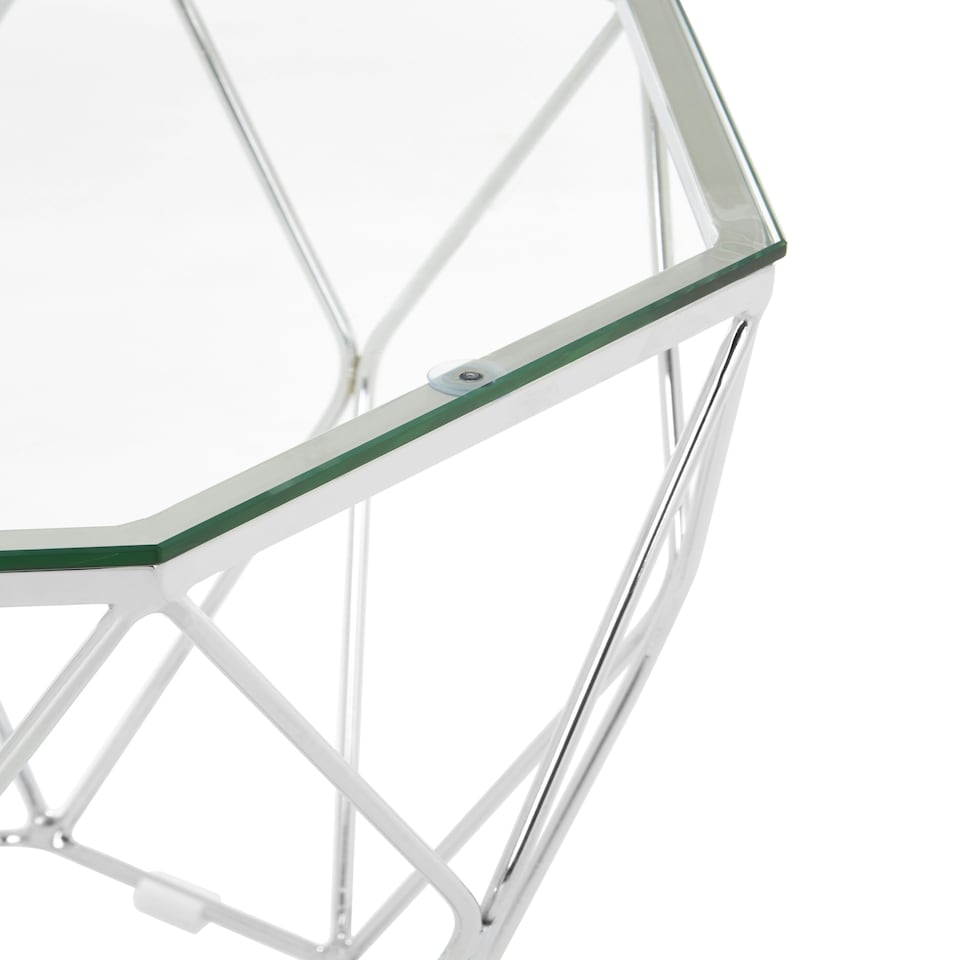 image 1 of Tempered Glass and Chrome Hexagon End Table,Geometric Chrome Finish Small Side Table,Glass Top Side Table Silver