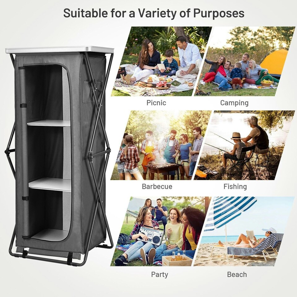 image 1 of COSTWAY 3 Tier Folding Cupboard 139cm Camping Storage Table Grey