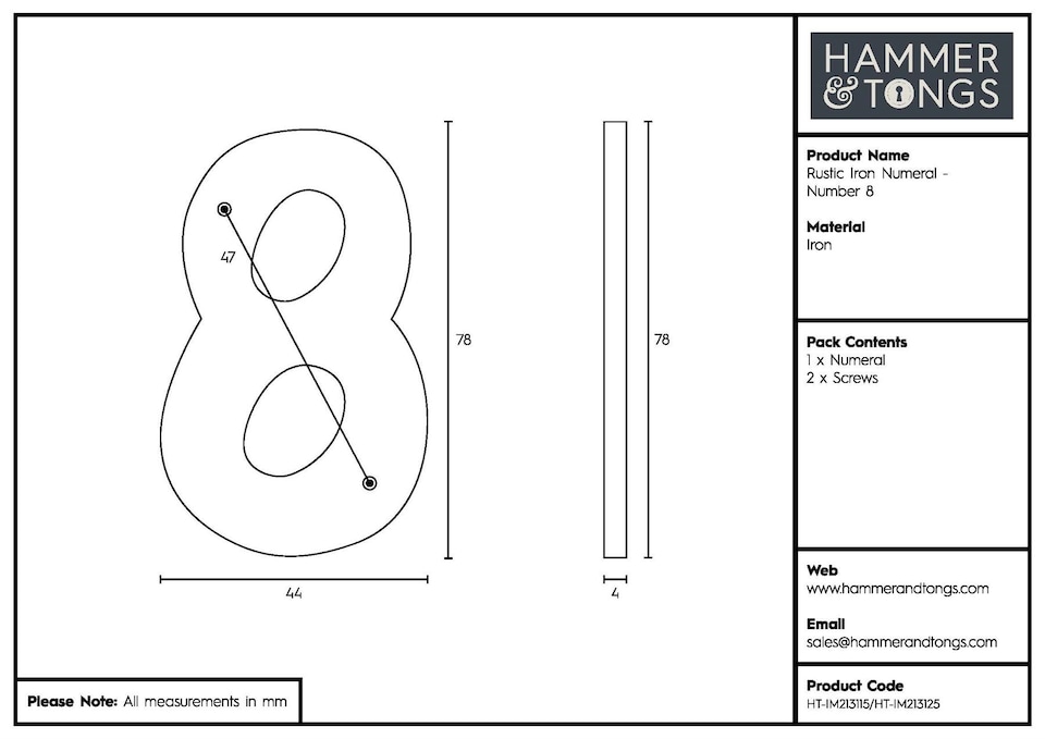 image 1 of Hammer & Tongs Rustic Iron Numeral - Number 8 - H80mm - Black