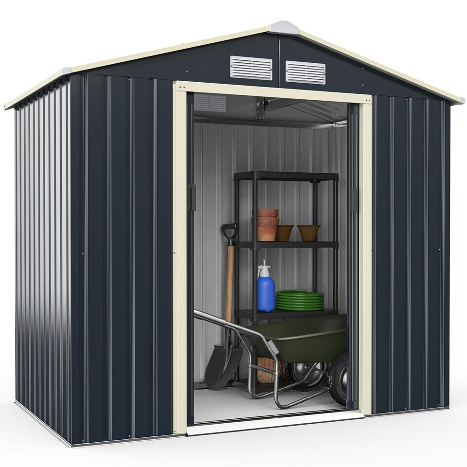 image 1 of COSTWAY 7FT x 4FT Outdoor Storage Shed Tool Utility Storage House Grey