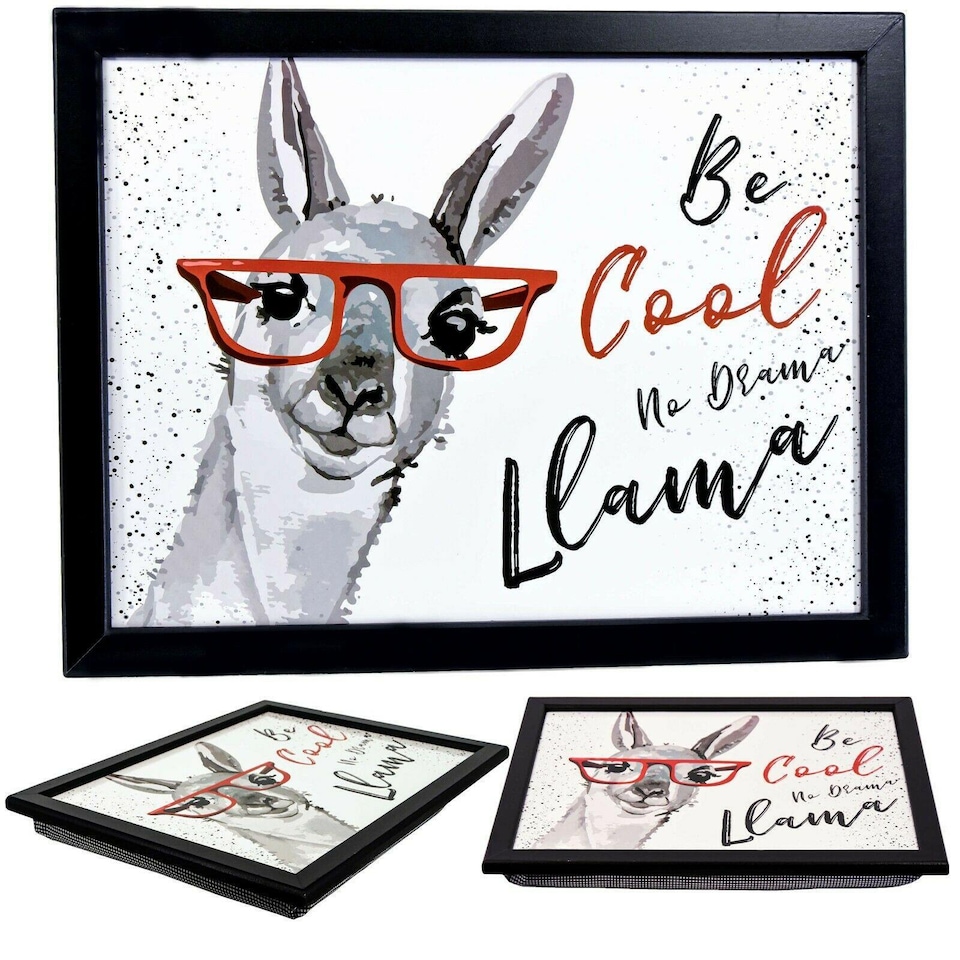 image 1 of GEEZY Be Cool Llama Design Wooden Lap Serving Tray with Bean Bag Cushion 44x34cm