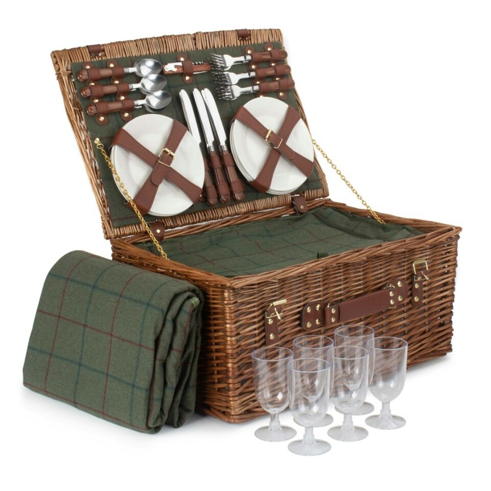 image 1 of 6 Person Green Tweed Classic Picnic Basket