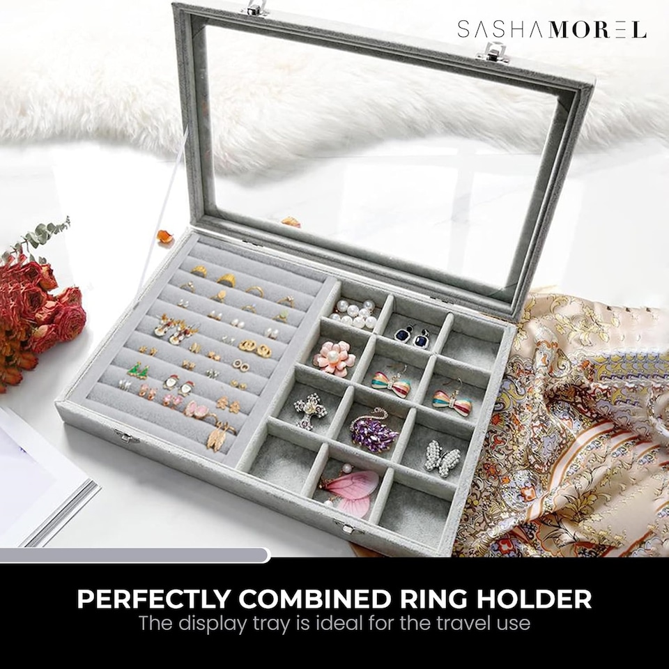 image 1 of Jewellery Box Storage Organiser 12 Grid Earrings Rings Display Case Sasha Morel