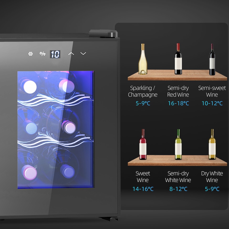 image 1 of HOMCOM Mini Table Top Wine Fridge, 6 Bottle, 17L, 8-18℃, 26.5cm Quiet Under Counter Wine Cooler Fridge with Glass Door, LED Light, Digital Touch Screen, Temperature Control