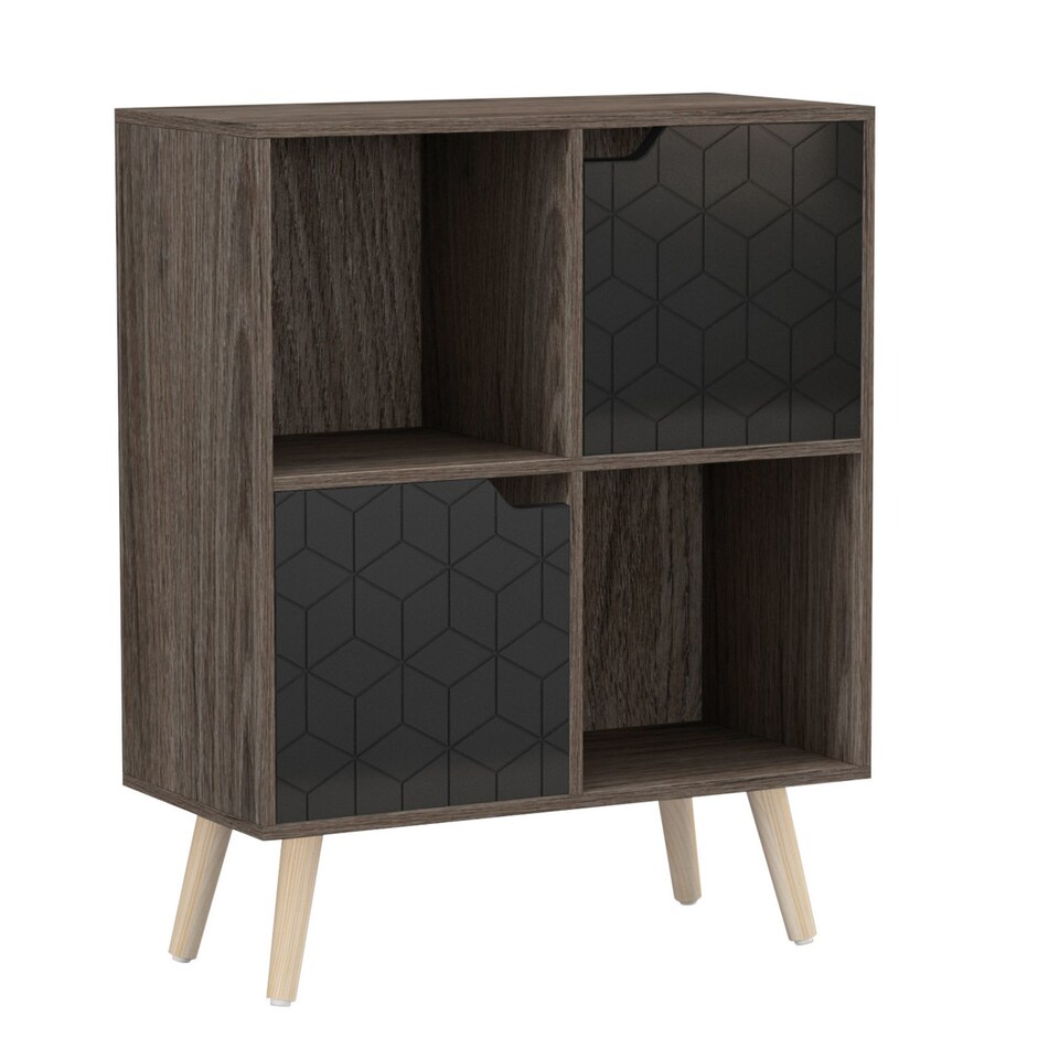 image 1 of Anthracite Oak 4-Cube Storage Unit with 2 Geo Doors and Legs | Black | Black & Pine | 1