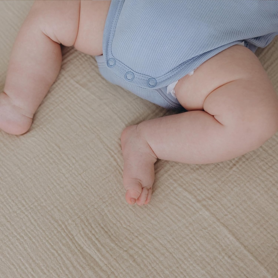 image 1 of MHG Living Muslin Cot Sheets - 100% Cotton Olive/Ecru Cot Sheets - 60x120