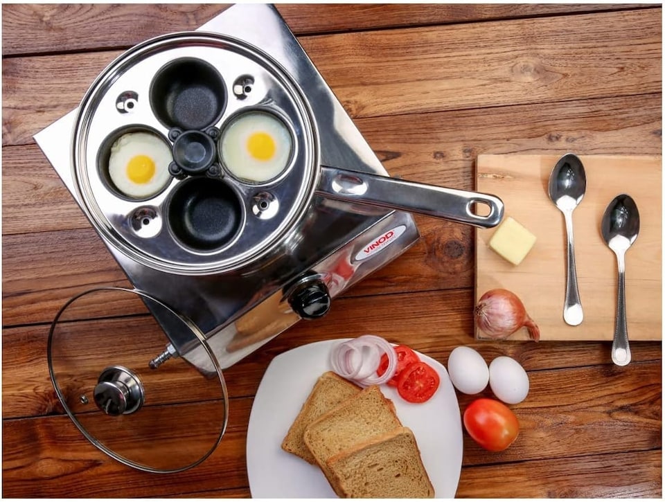 image 1 of Vinod Stainless Steel Egg Poacher Pan - 4 Poaching Cups, Nonstick, PFOA Free, Round, Stainless Steel Handle