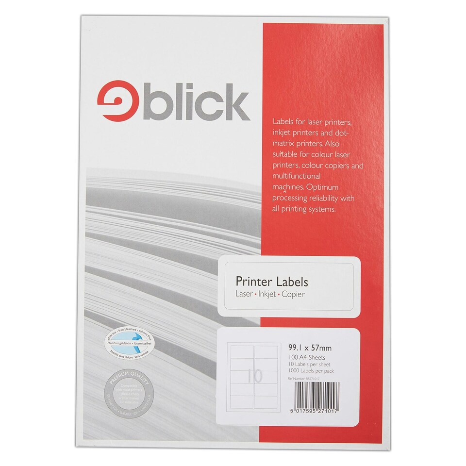 image 1 of Blick 10 Per Sheet 100 Sheets, 99.1mm x 57mm, Rectangular, White, 1000 Labels