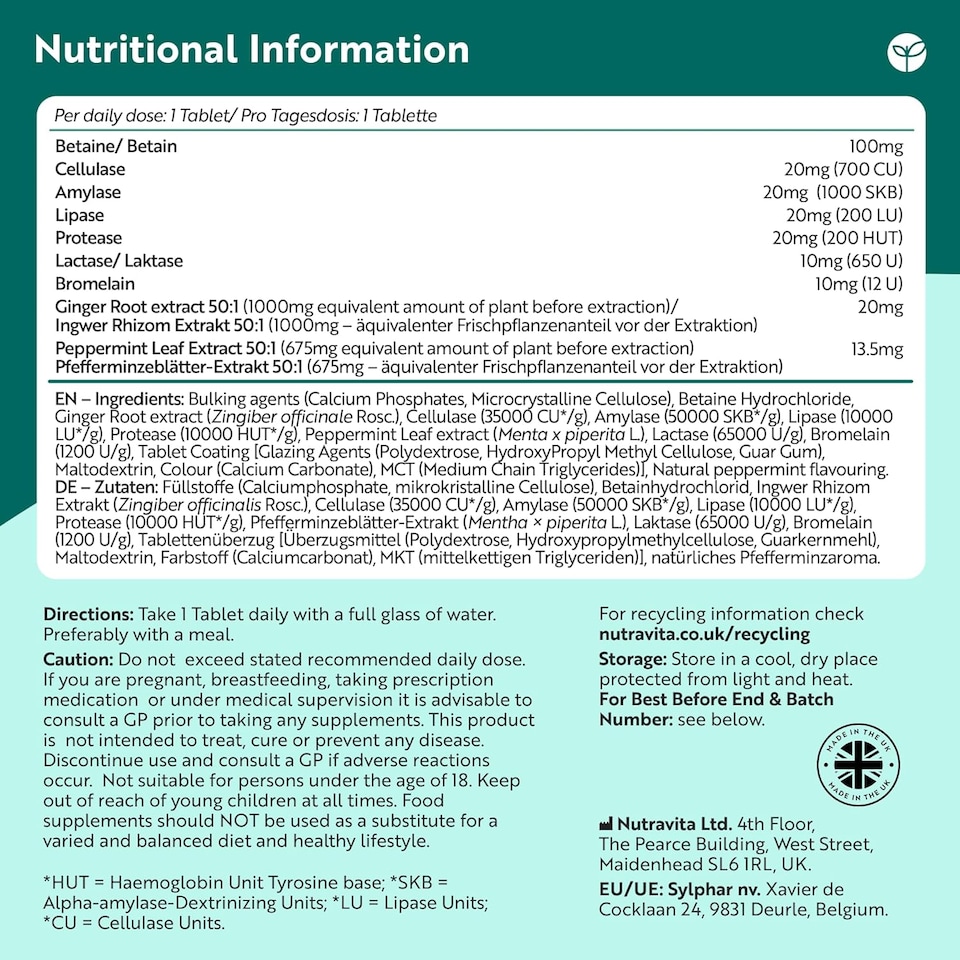 image 1 of Nutravita Digestive Enzyme Supplements Complex with Amylase, Lactase, Lipase, Bromelain, Ginger & Peppermint - 3 Months Supply -  90 Vegan Tablets