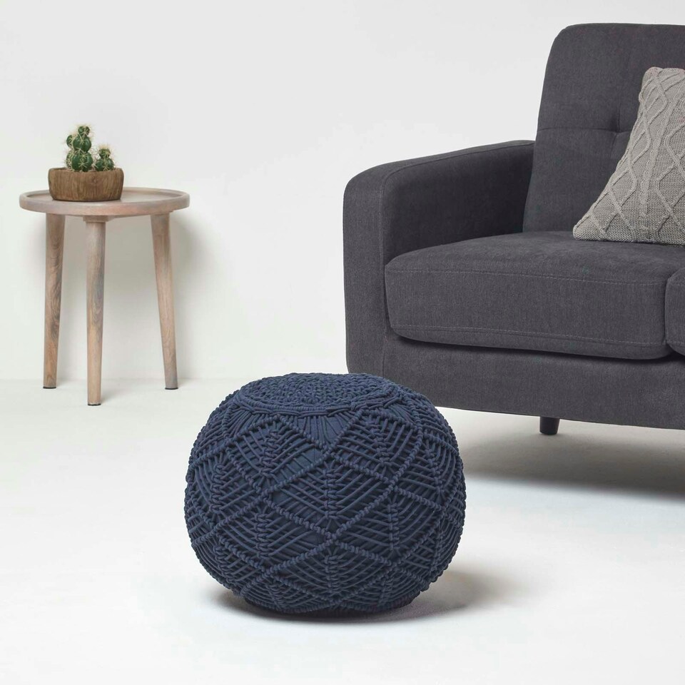 image 1 of Homescapes Navy Macrame Knitted Pouffe - 40 x 50 cm