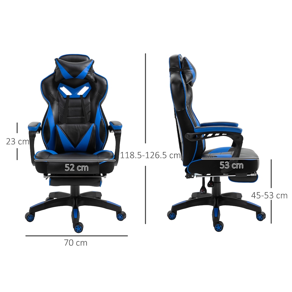 image 1 of Vinsetto Computer Gaming Chair, Racing Desk Chair with Lumbar Support and Footrest, PU Leather Gamer Chair with Headrest and Swivel Wheels for Home, Blue