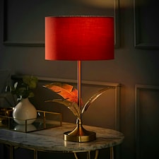 ValueLights Christina Rust Red Drum Shade Gold Palm Leaf Detail Single Stem Table Lamp Gold